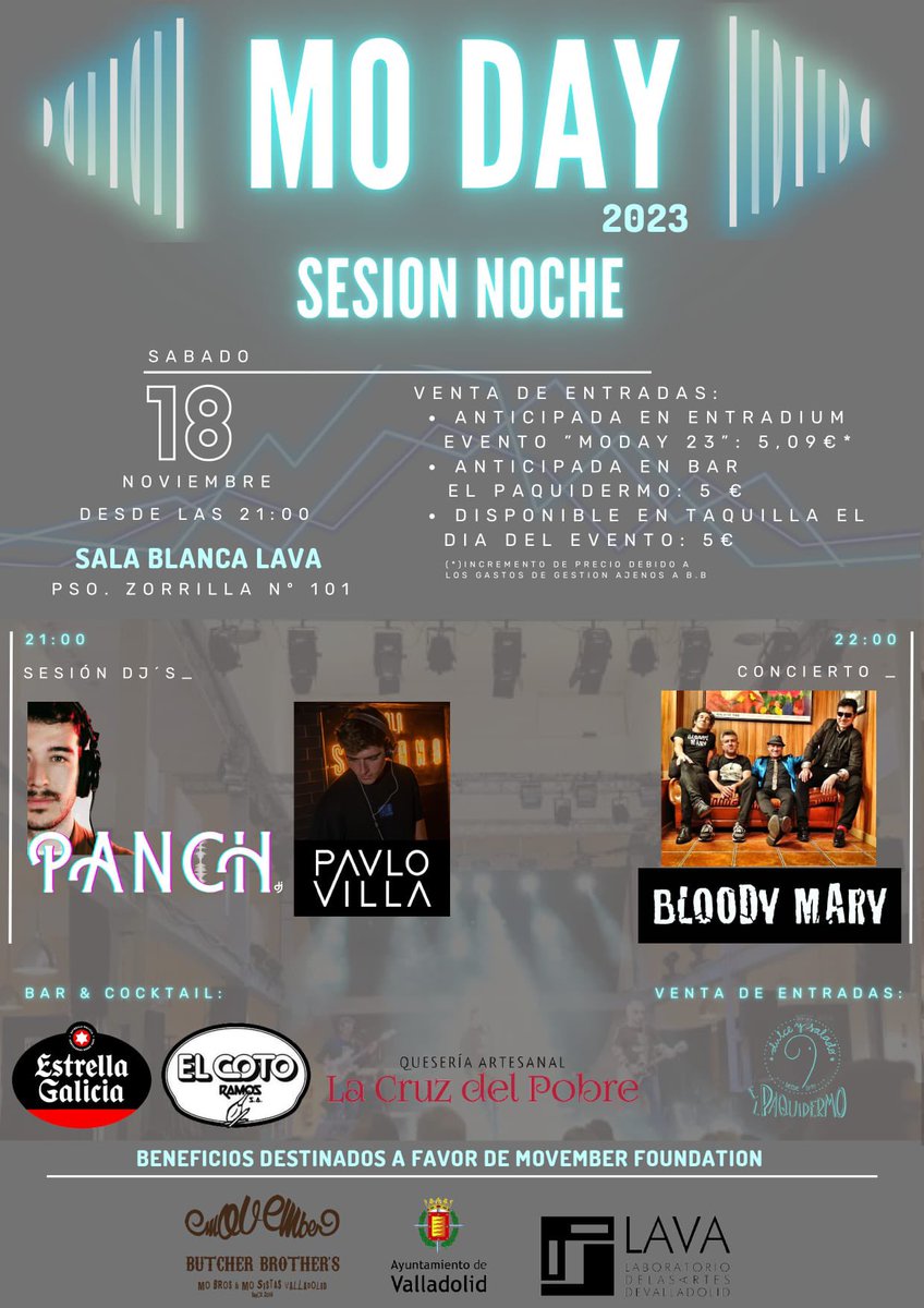 MovemberButcher's tweet photo. Este sábado es el #Moday y el cuerpo lo sabe😏

Aquí te dejamos a los grupazos que ambientaran el sarao de moda por la noche y te harán que muevas hasta el bigote🥸

Venta anticipada en Bar El Paquidermo
Y en https://t.co/6Z7uo85IYi

#Movember23 #Valladolid #Moday #el10debutcher https://t.co/a52o5XNyZQ