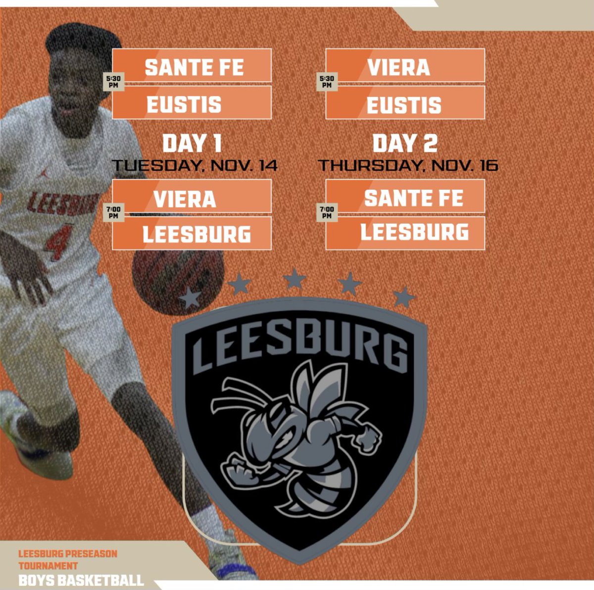 🚨Preseason Game 🚨

🗓️ Tuesday, November 14

🆚 Eustis High School

⌚️ 5:30 pm

📍Leesburg High School