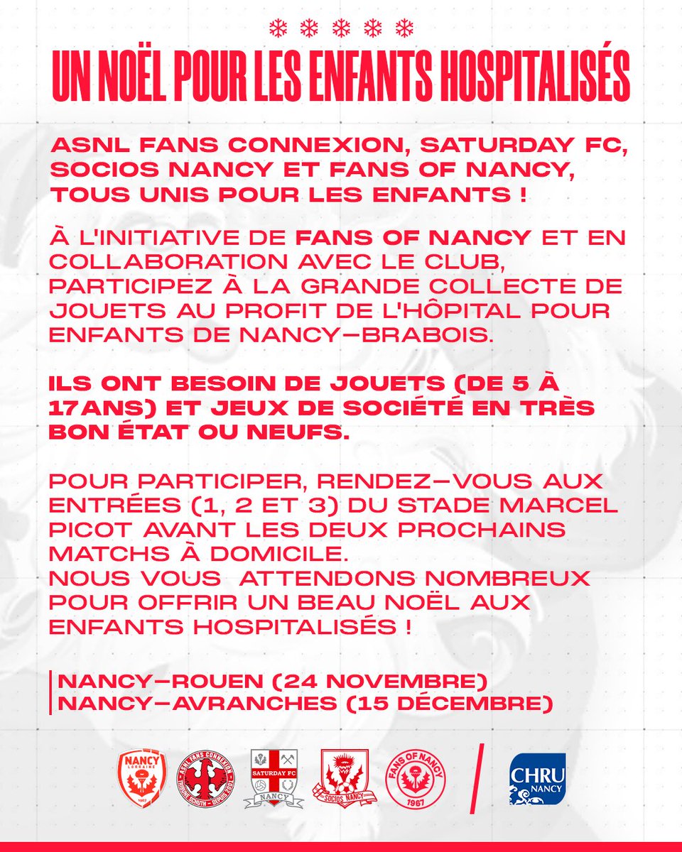 asnlfans's tweet photo. Tous ensemble pour Noël !🔴⚪️
Nos associations, en collaboration avec le club, organisent une collecte de jouets pour les enfants hospitalisés à Brabois. Pour participer, rdv aux entrées du stade avant Rouen (24 nov) et Avranches (15 dec). 🤝@SociosNancy @afcnancy @asnlofficiel https://t.co/Wrpbo1c1VZ