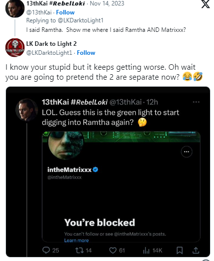 13thKai's tweet photo. Now this is a keeper. You are telling me here that the idea of #Ramtha and #Matrixxx being separate is pretend and a lie. Which means you are really saying is that Ramtha and Matrixxx are together and inseparable. Interesting.  https://t.co/LvrErVC6Qb https://t.co/YjLBMaUu2p