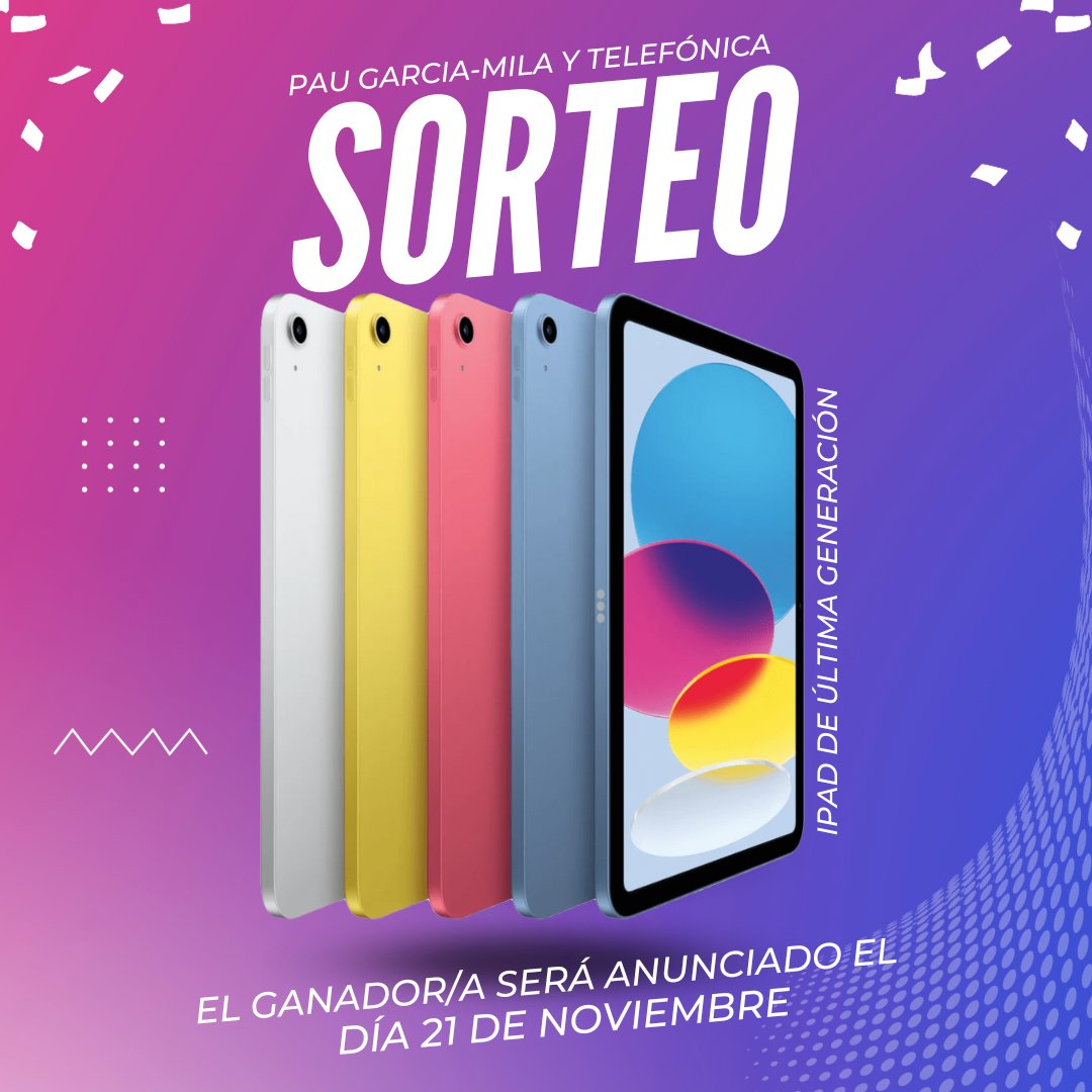 Pau Garcia-Milà (@pau) on Twitter photo 🎟️ ¡Sorteamos un iPad de última generación con <a href="/Telefonica/">Telefónica</a>!
Para participar:
1) Hacer RT o like de esto para que llegue a más gente
2) Seguir a <a href="/Telefonica/">Telefónica</a> aquí en X donde iremos compartiendo más y más cosas
El 21/Nov anunciaremos el ganador/a 🥇
Y es que después de algunos 🎟️ ¡Sorteamos un iPad de última generación con <a href="/Telefonica/">Telefónica</a>!
Para participar:
1) Hacer RT o like de esto para que llegue a más gente
2) Seguir a <a href="/Telefonica/">Telefónica</a> aquí en X donde iremos compartiendo más y más cosas
El 21/Nov anunciaremos el ganador/a 🥇
Y es que después de algunos