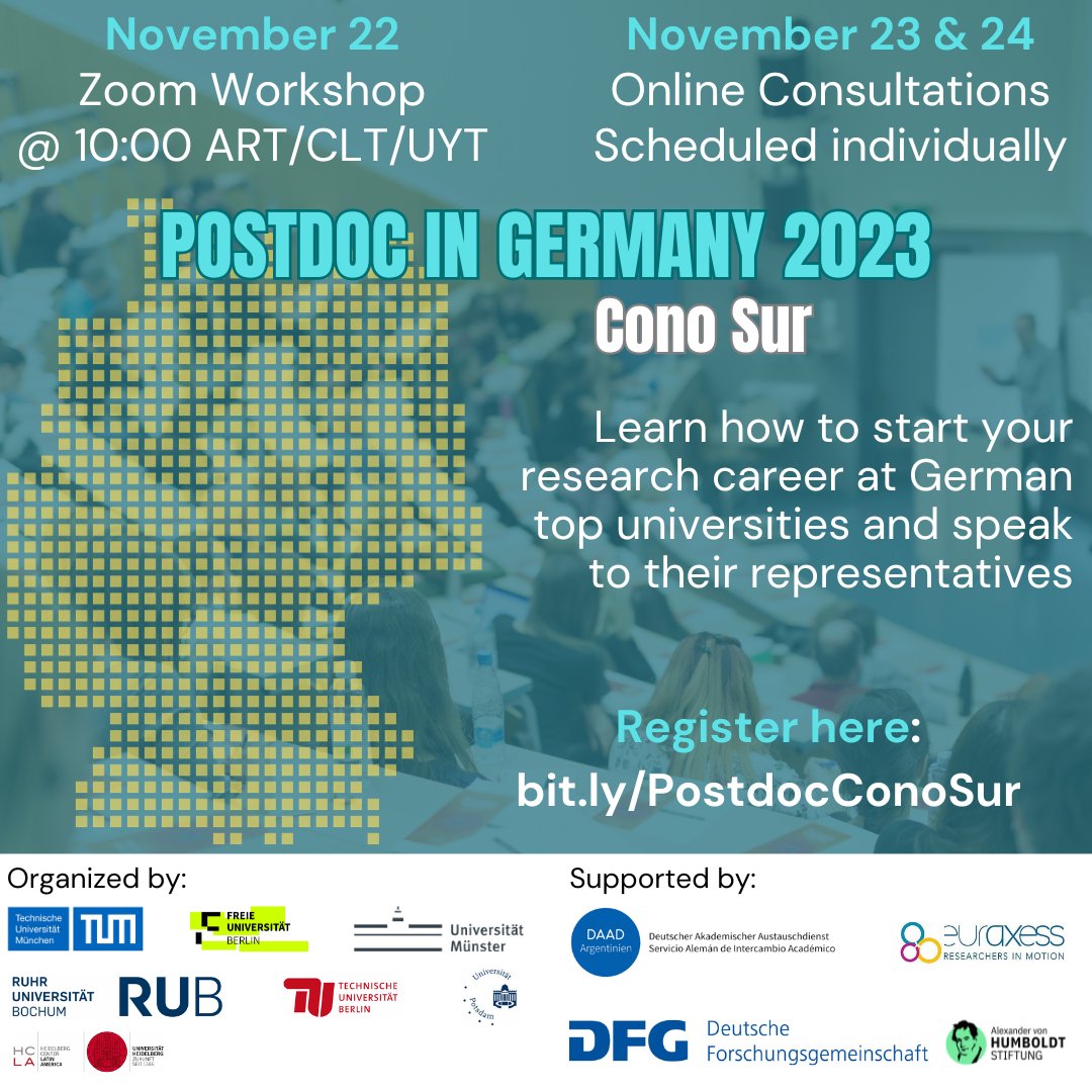 Postdocs (to be) from Argentina, Brazil, Chile &amp; Uruguay thinking about starting their research career in 🇩🇪 ! Join our online info events to meet representatives from german top level universities &amp; get informed about funding opportunities! Register here: connect.universities-in-germany.org/events/postdoc…