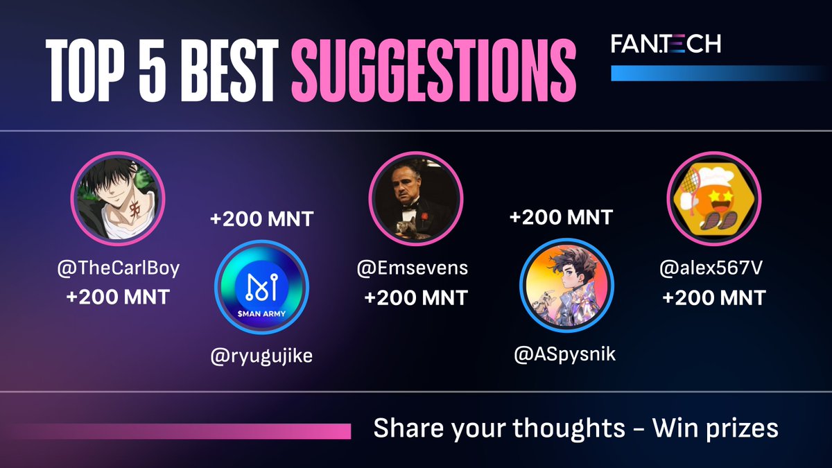 🏆 5 best suggestions winner announcement!  

We had a great time reading all your and suggestions, and here are the 5 users with best ideas!  

1. @thecarlboy
2. <a href="/ryugujike/">Diyas Arik ❤️ Memecoin</a> 
3. @Emsevens
4. @ASpysnik
5. <a href="/alex567V/">AlexV (💙,🧡)</a>

🏆 To claim your rewards, please DM us your wallet address!