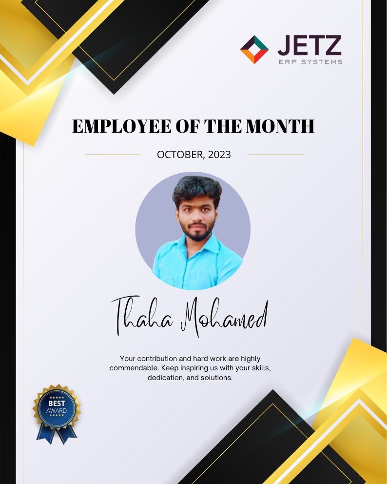 JETZERP's tweet photo. Shoutout to one of our finest! We appreciate everything you do for us! Thank you Thaha Mohamed!🥳👏 
#employeeofthemonth #employeeappreciation #employeerecognition #HR #jetzerp https://t.co/bf3B8oBJr1