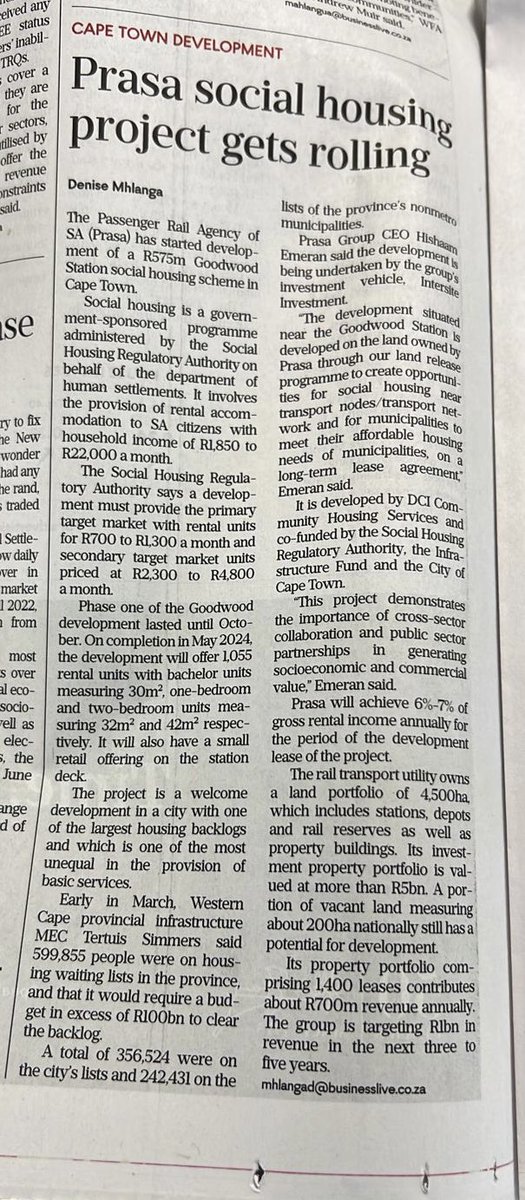 PRASA_Group's tweet photo. [READ] Get yourself a copy of today’s Business Day to find out more about the Social Housing Development project at the Goodwood station, a joint co-government initiative on PRAS-owned land.
@BDliveSA 
#PrasaCRES
#IntersiteInvestments https://t.co/smKScu9uOF