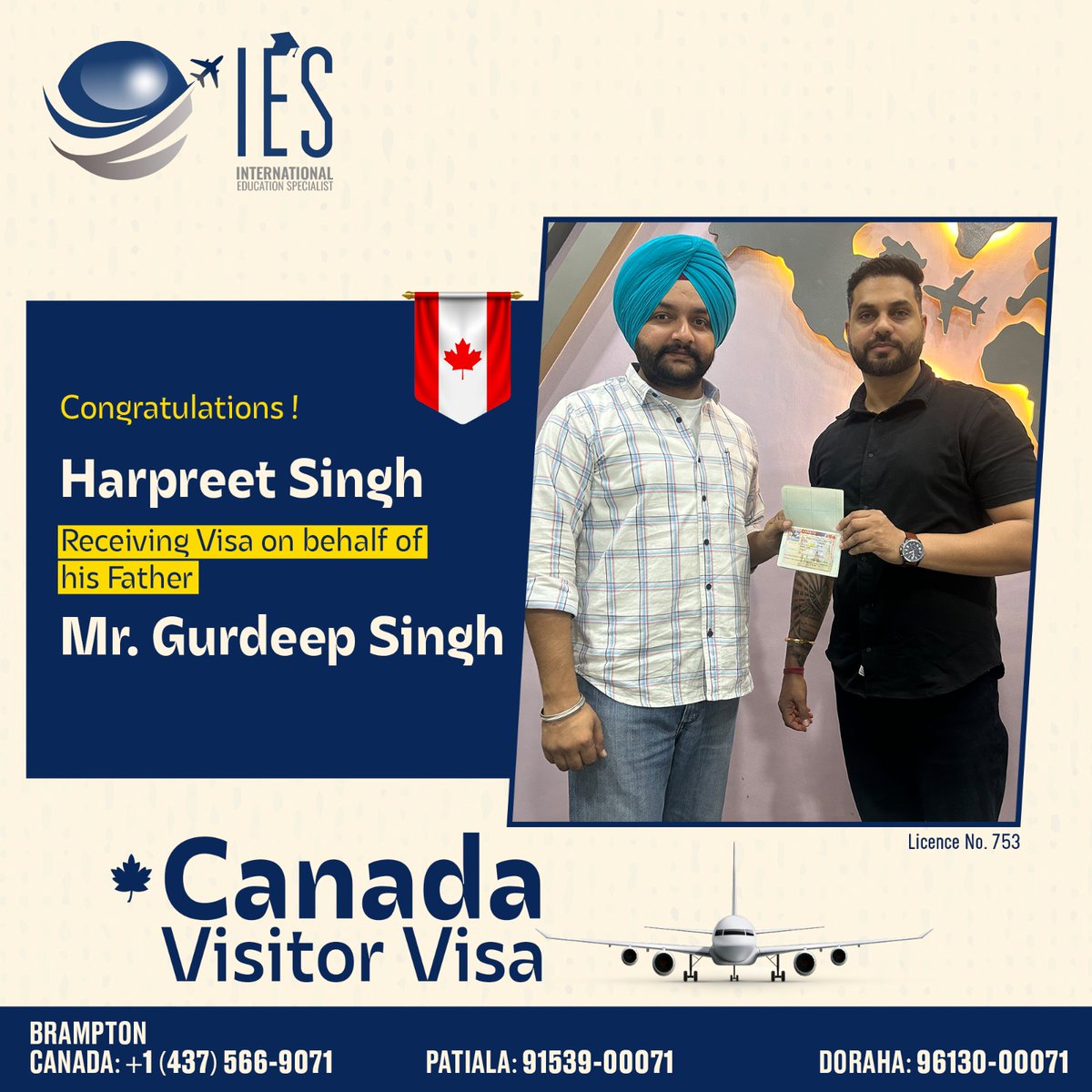 IesOverseas's tweet image. Celebrating Gurdeep Singh's successful approval of his Canada Visitor Visa.

Harpreet Singh received it on his behalf at IES overseas. 

#IESOverseas #CanadaVisitorVisa #FlyAbroad #Canada #ImmigrationConsultants #VisaApproved #VisaSuccess4