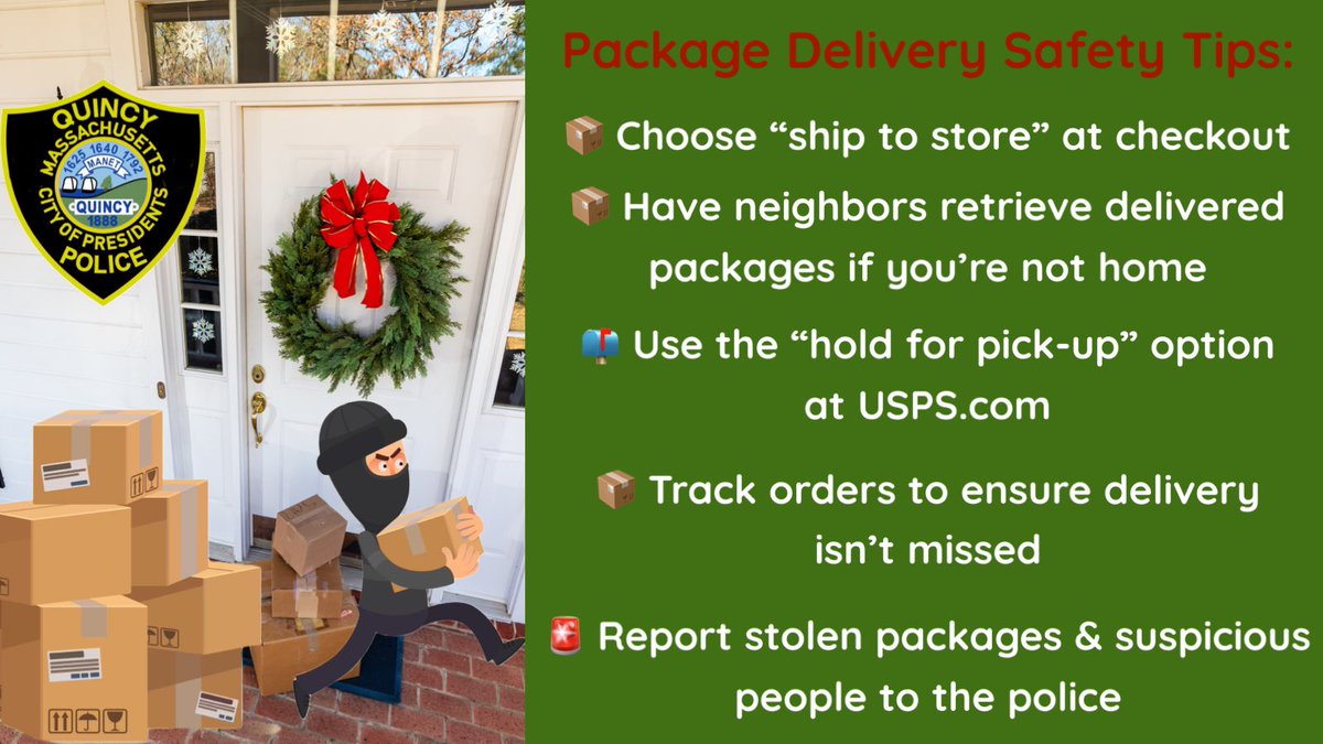 quincymapolice's tweet image. Protect yourself this holiday season from package theft with these helpful tips! 

#packagetheft #deliverytheft #porchpirates #communitypolicing #quincyma #cityofquincy #quincypolice