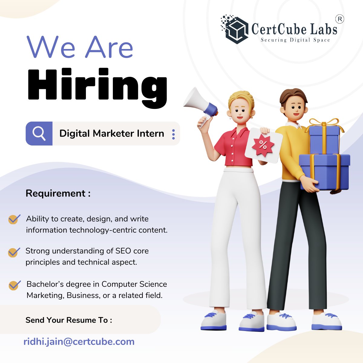 WE ARE #HIRING INTERNS!
Comment down or DM us to know more #DigitalMarketing  

#cybersecurity #hiringalerts #hiringimmediately #workfromoffice #interns #internship #freshers #certcube