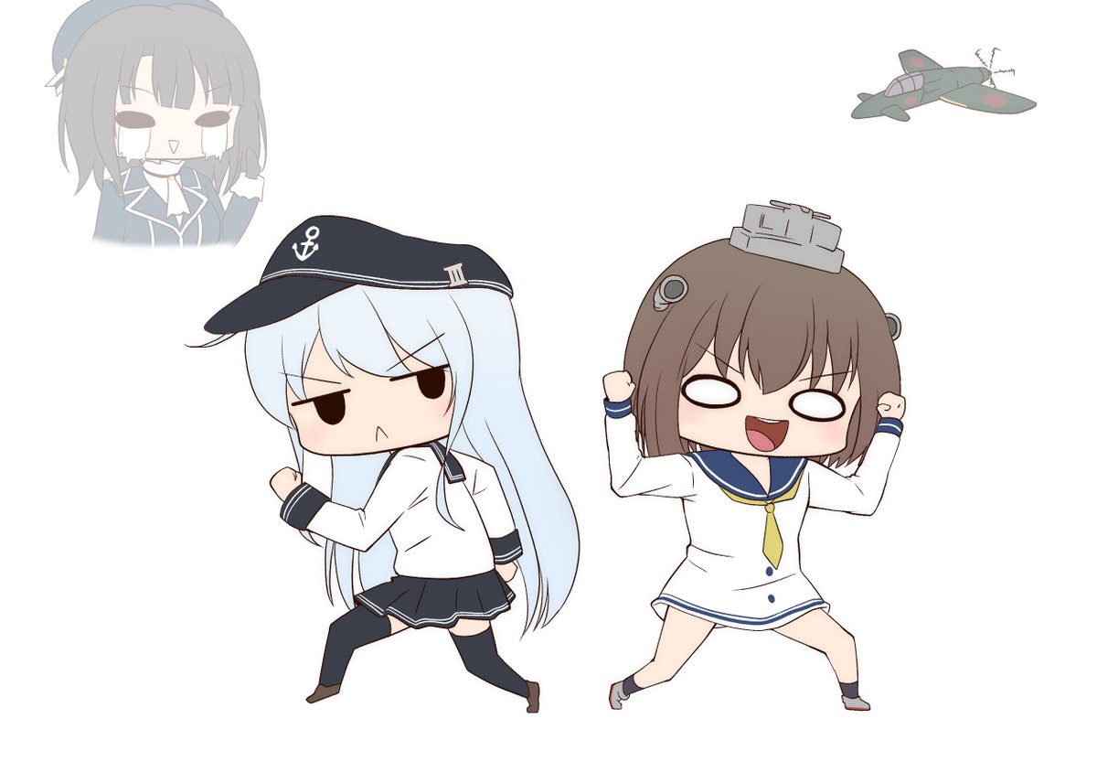hibiki (kancolle) ,yukikaze (kancolle) multiple girls 3girls brown hair long hair short hair sailor dress hat  illustration images