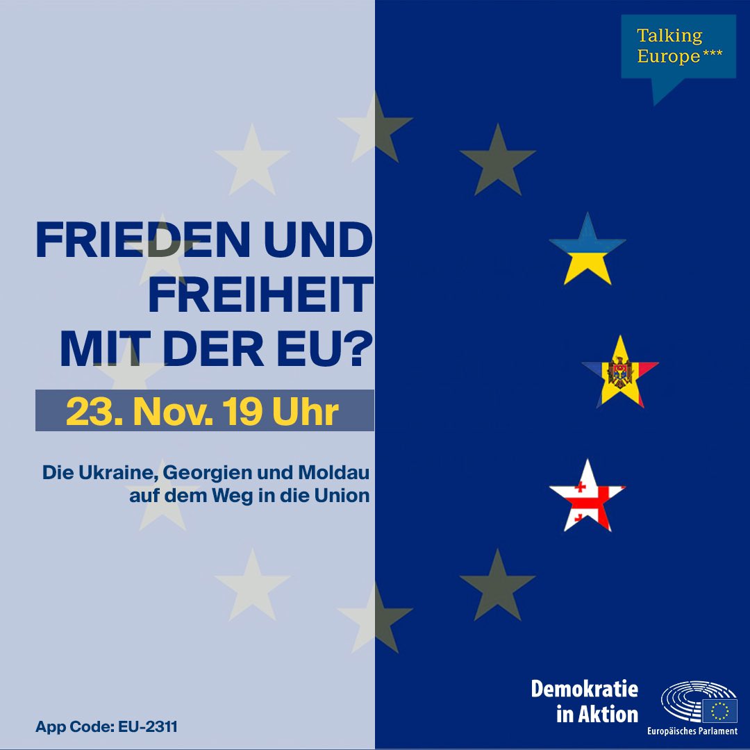 🗣️🇪🇺TALKING EUROPE - Diskutier Mit Mir über EUropa #11 🗣️🇪🇺 Frieden und Freiheit mit der EU? Die Ukraine, Georgien und Moldau auf dem Weg in die Union | Donnerstag, 23. November | 19:00 – 20:00 Uhr | Digital in der FORUM X App | Code: EU-2311 | diskutiermitmir.org/talking-europe…