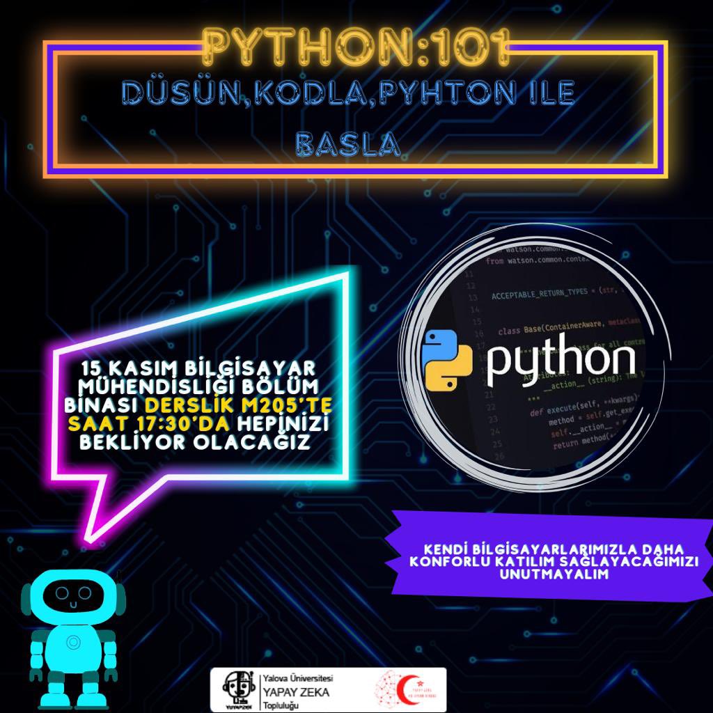 💫Herkese merhaba! 
15 Kasım saat 17:30’da Bilgisayar Mühendisliği Bölüm Binası derslik M205’te tekrar sizlerle eğitimimize devam ediyoruz.Bilgisayarlarımızı almayı unutmayalım.Bilgisayarınız yoksa da konu anlatımı için gayet keyifli ve yeterli olan eğitimimize katılabilirsiniz.