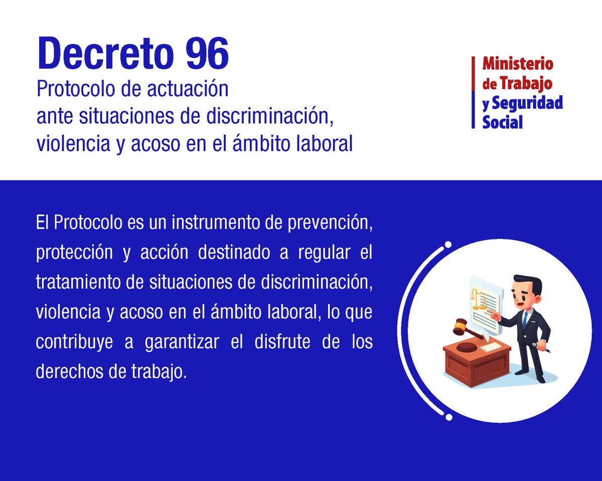 Decreto 96/2023 “Protocolo de Actuación ante Situaciones de Discriminación, Violencia y Acoso en el Ámbito Laboral”. Programa Trabajo Digno de conjunto con el Programa Nac. para el Adelanto de las Mujeres y el Programa Nac. de lucha contra el racismo y la discriminación racial.