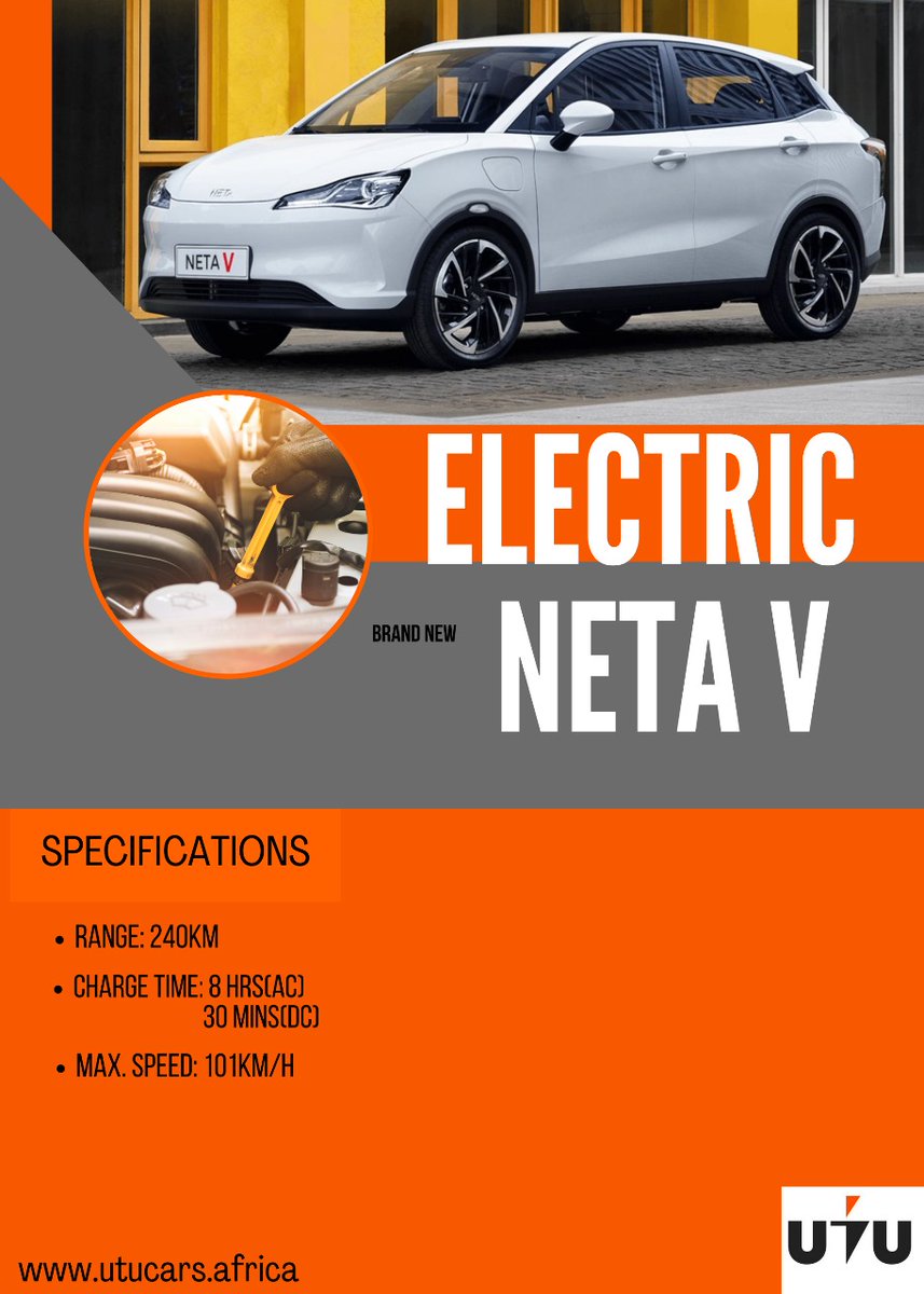 UtuCarsAfrica's tweet image. 🚗⚡Experience the thrill of sustainable driving with Neta V!  🌟

KEY FEATURES
🌐 Range: 240km per charge
💨 Max. Speed: 101km/h
⏳ AC Charging: 8 hrs
⚡ DC Charging: 30 mins

#NetaV
#ElectricVehicles
#UtuCarsAfrica