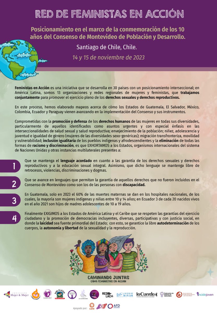 La Red de Feministas en Acción participa del #ConsensoDeMontevideo. Nos pronunciamos y estamos comprometidas con la promoción y defensa de los derechos humanos de las mujeres en todas sus diversidades. ✊🌍 #FeministasEnAcción