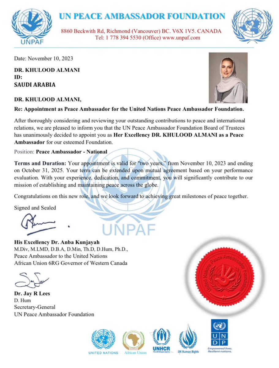 Khulood_Almani's tweet image. 🇺🇳🇸🇦تشرفت بتعييني من قبل هيئة الأمم المتحدة @UN كسفيرة للسلام.. وأتطلع للعمل لخدمة الإنسانية ونشر روح الأمل والتعاون الدولي🌎🕊️
🇺🇳🇸🇦I’m honored to be appointed by the United Nations @UN as an Ambassador for Peace, and aspire to serve humanity as a messenger of hope and…