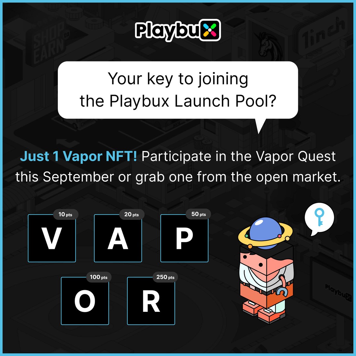 playbuxco's tweet photo. π Your key to joining the Playbux Launch Pool? Just 1 Vapor NFT! Participate in the Vapor Quest this September or grab one from the open market. #NFTAccess #PlaybuxPool π @vaporwallet https://t.co/pPFj9325Mu