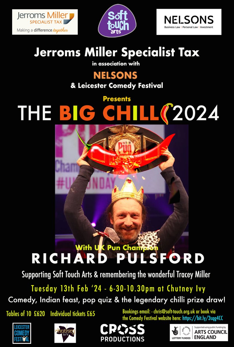 Who's coming to The Big Chilli 2024? Tues 13/11/23 6.30-10.30pm @chutneyivy Thanks to @jerromsmiller @PeteMiller @MsHKS @Nelsons_Law for support/sponsorship @CrossProd_UK for media #Leicester #comedy #fun #fundraising Tickets bit.ly/3sqg4CC