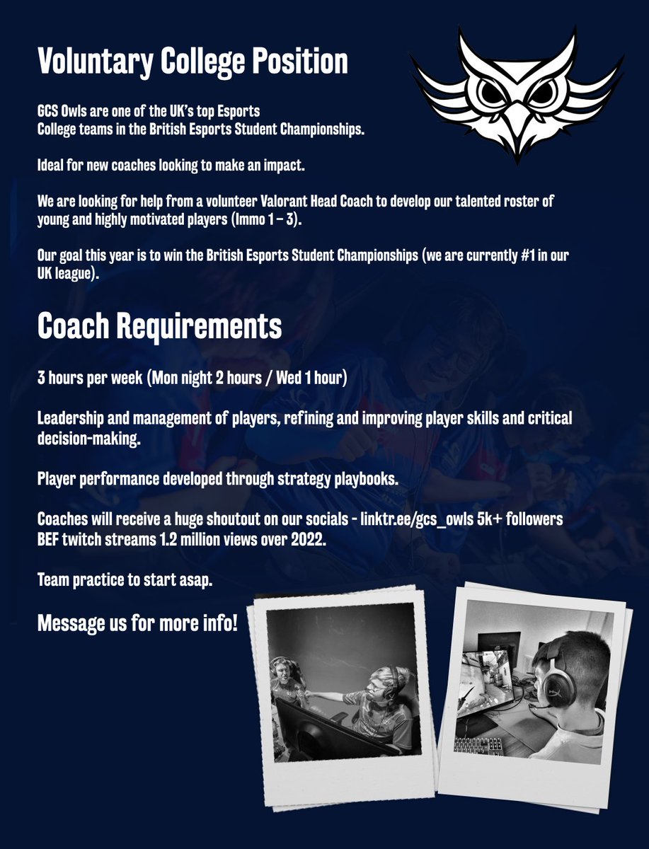 🚨𝗩𝗔𝗟𝗢𝗥𝗔𝗡𝗧 𝗣𝗢𝗦𝗜𝗧𝗜𝗢𝗡🚨

Are you looking to coach a college team?

Read below! 👀

#Valorant
