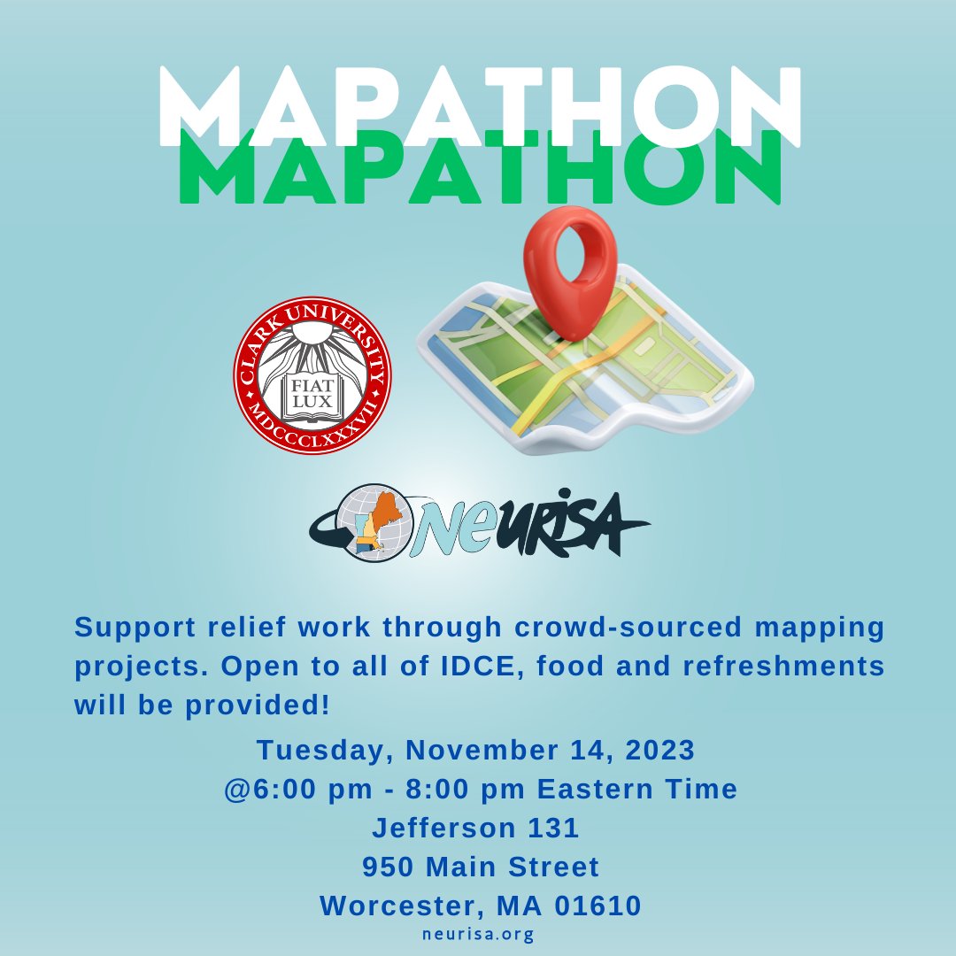 REMINDER! Support relief work through crowd-sourced mapping. Join us for an in person #mapathon in collaboration with Clark University tonight from 6:00 pm - 8:00 pm. It will be held in the MS-GIS Lab at Jefferson 131. Food and refreshments will be provided. Let's get #mappy!