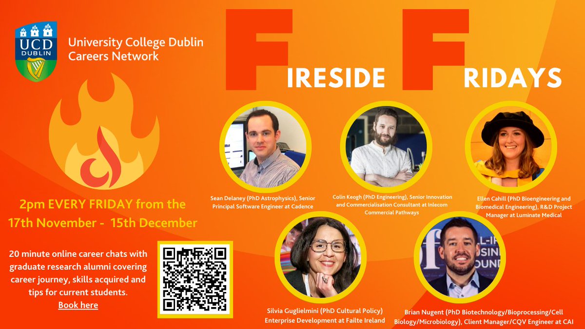 Delighted to be kicking of  a new series of Fireside Fridays - Alumni Career stories for all UCD Graduate Researchers/PhDs. Click  to book careersconnect.ucd.ie/events/event.h….