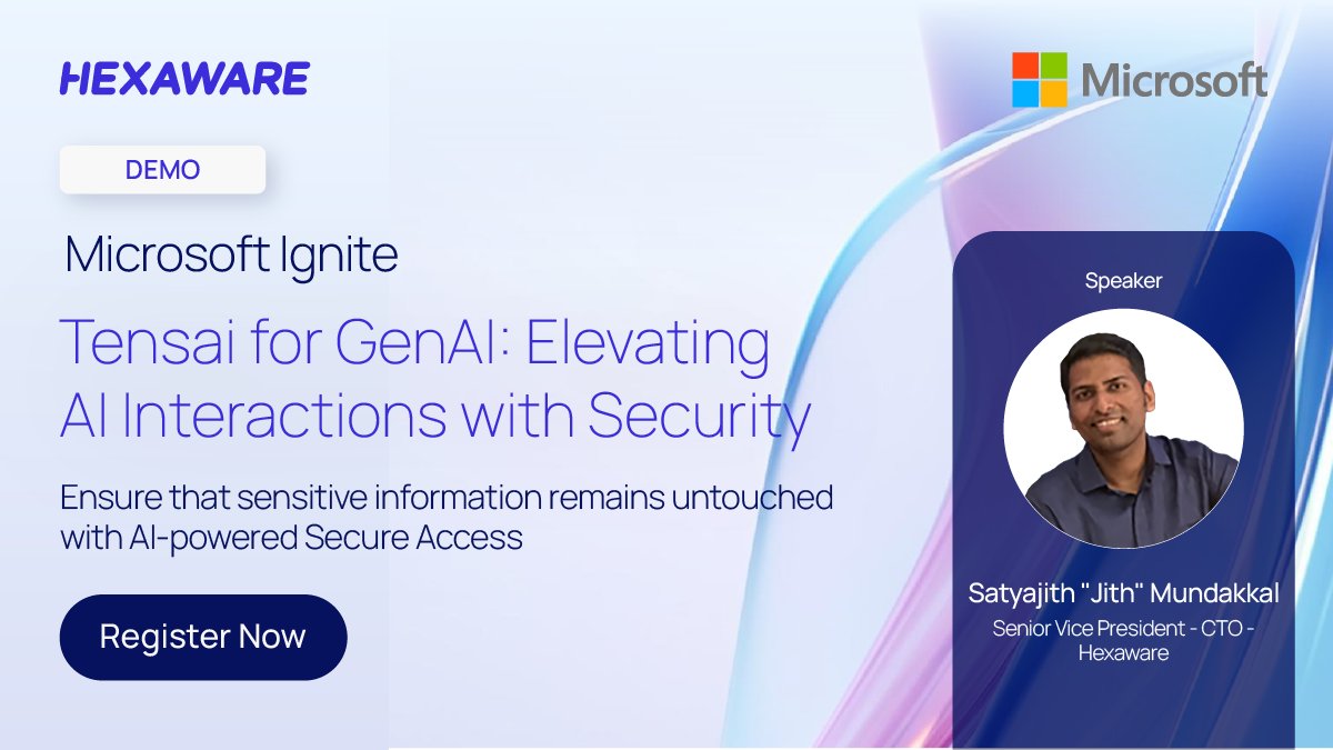 HexawareGlobal's tweet photo. Revolutionize your #AI journey at #Microsoft Ignite! Explore Hexaware’s live #Tensai® demo, solidifying Secure Access for #GenAI. Prioritize #data confidentiality &amp; get to the forefront of Smart #Cloud Decisions. Join us in Seattle! https://t.co/DjIePh0Xtu
#SecureGenAI #MSIgnite https://t.co/hbaa2CnRZp
