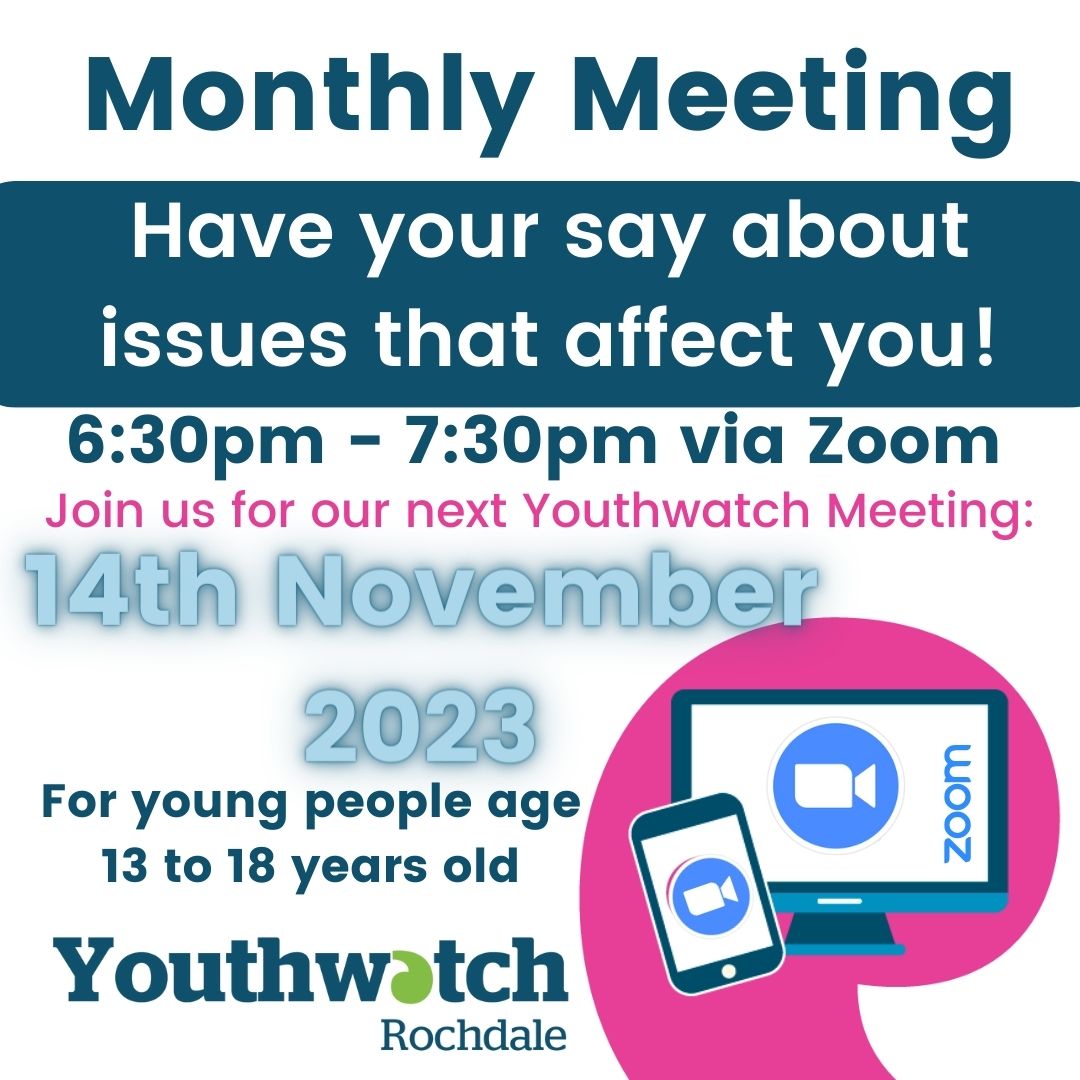 Join us via Zoom tonight to speak to Rochdale Youth Services about being Healthy, Safe, &amp; Successful.
Please email for joining link info@healthwatchrochdale.org.uk 
Youthwatch Rochdale is for young people age 13-18 who live, work, study or access services in the Rochdale Borough.