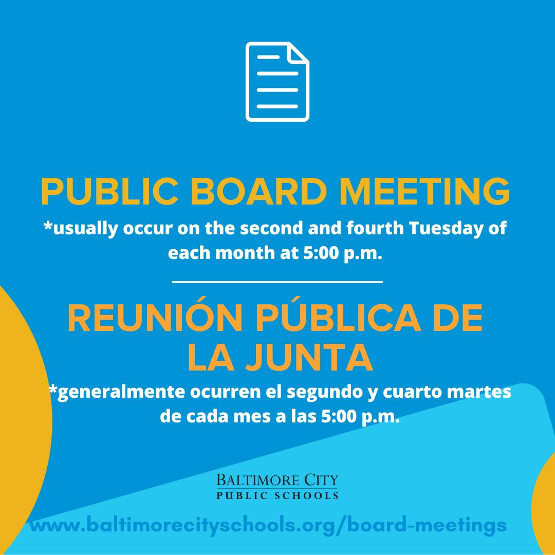 The next public board meeting is Tuesday, November 14 at 5:30 p.m.* *Please note the new time for today's meeting. For more information on how to join and agendas visit: baltimorecityschools.org/board-meetings. Board meetings stream live via City Schools TV - youtube.com/cityschoolstv