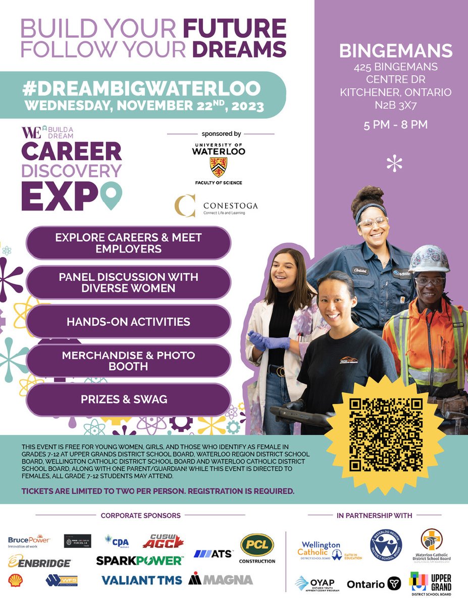 Next week is #DreamBigWaterloo 💜

Don't forget to get your FREE tickets!

webuildadream.com/event/dreambig…

#DreamBig #CareerExpo #Waterloo #Careers #Future #WEBuildADream #BuildADream #Progress #Jobs #WIST #WomenInSkilledTrades