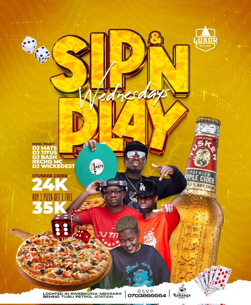 Wednesdays Are For #SipNPlayWednesday
@LuxorBarMbra 
Let's sip some tusker cider gwekiluma yetuge 
<a href="/DeejMats/">Ma Taa Yoo 📀🎚️💿 🇺🇬</a> &amp; <a href="/Recho_mc/">The Mic Chic🎤</a> are our awesome hosts
Pizza promo is always on
