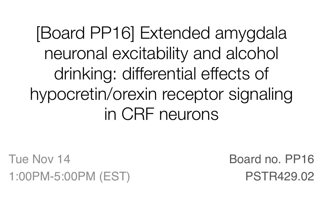 Today (Tues) afternoon at SfN, postdoc Yihe Ma presents her project at poster board #PP16! Come by from 1-5pm if you’re interested in the extended amygdala, neuropeptides, alcohol, anxiety, sex differences, and electrophysiology.