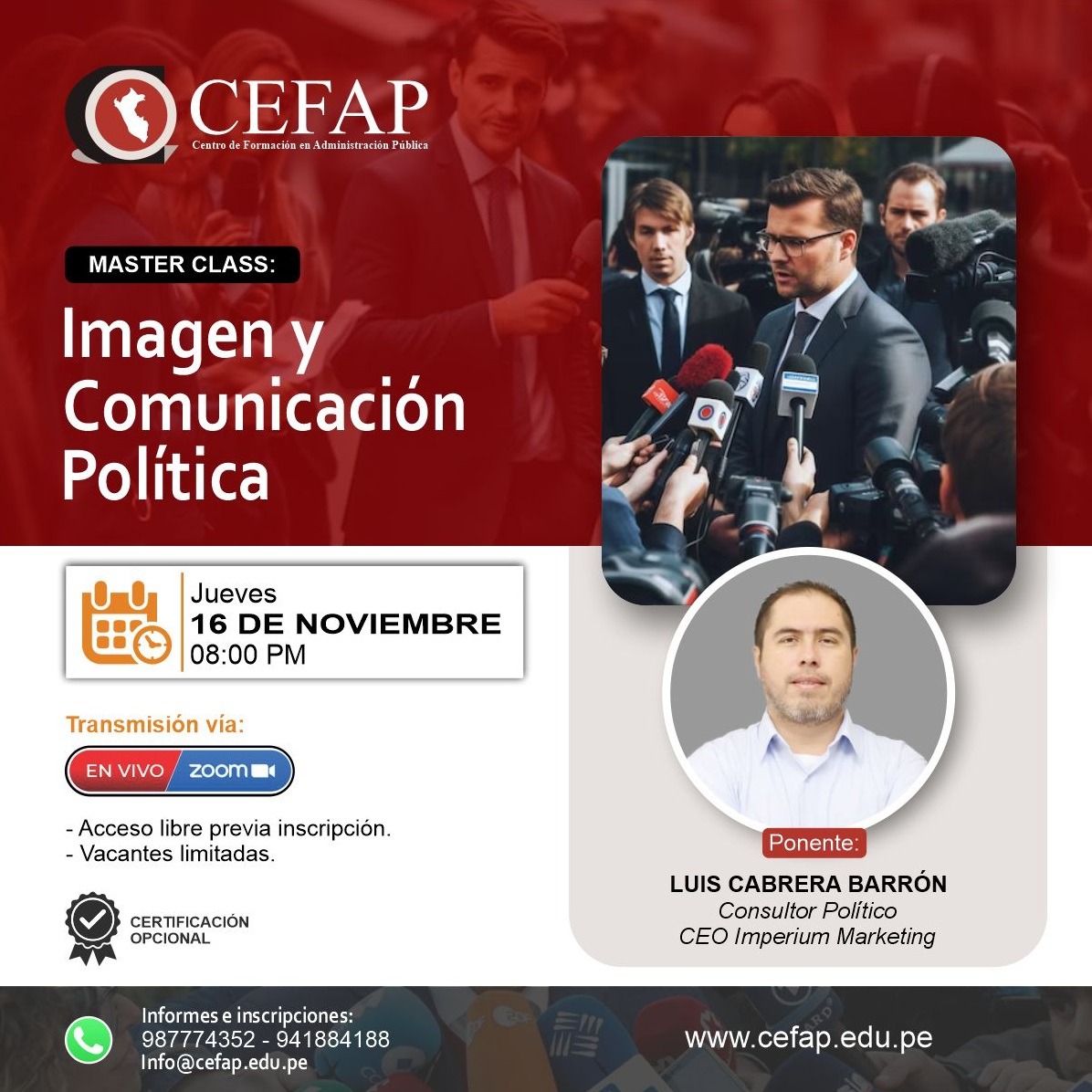 En este Master Class, aprenderás a diseñar correctamente planes de comunicación estratégica para la gestión pública y organizaciones políticas.

#GestiónPública #comunicacionpolitica
#ConsultoriaPolítica #marketingpolitico