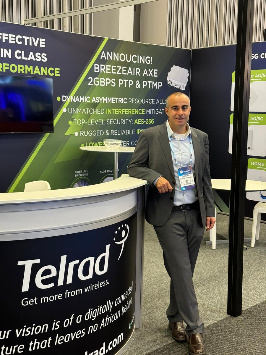 TelradNetworks's tweet photo. It's showtime! Swing by booth A61 to meet the A-team. Our squad, led by CEO Eyal Zafrir, along with Liliane Ginot, Johan Crause, Wesley Welthagen, and Garth Heritage, are all set for a chat with you. See you at @AFRICACOM 2023! 

#BreezeAirAXE #gigabit #connectingAfrica https://t.co/uyhrzBjOAT