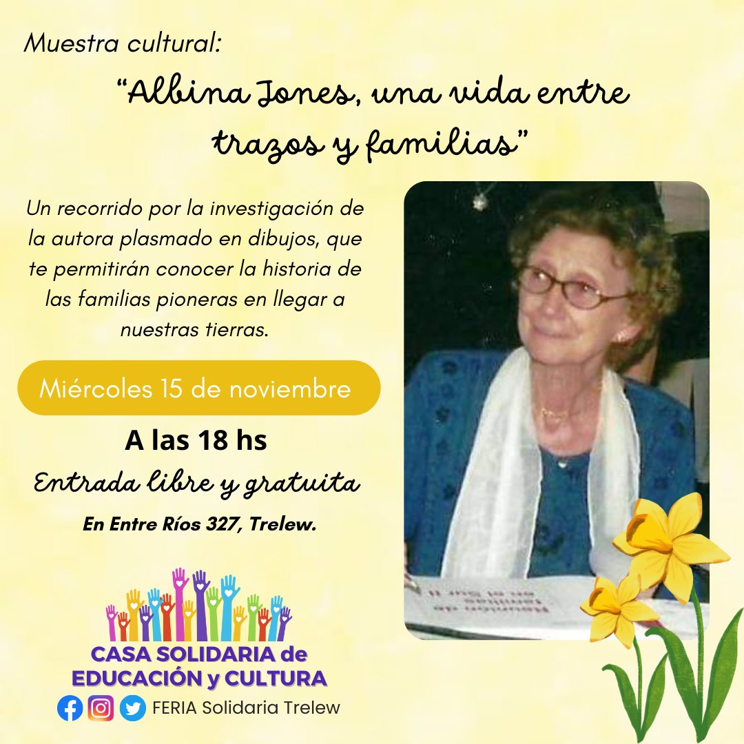 FeriaTrelew's tweet photo. #FeriaSolidariaTrelew ❕Este 15/11 a las 18 hs celebramos la minuciosa investigación y muestra cultural de Albina Jones ✏️
🤍 Entrada libre y gratuita. Los esperamos a las 18 hs nuestra #CasaSolidaria🏠💜 (Entre Ríos 327) con una degustación de té y pastelería galesa 🍰🫖☕ https://t.co/t54uyaTI8d