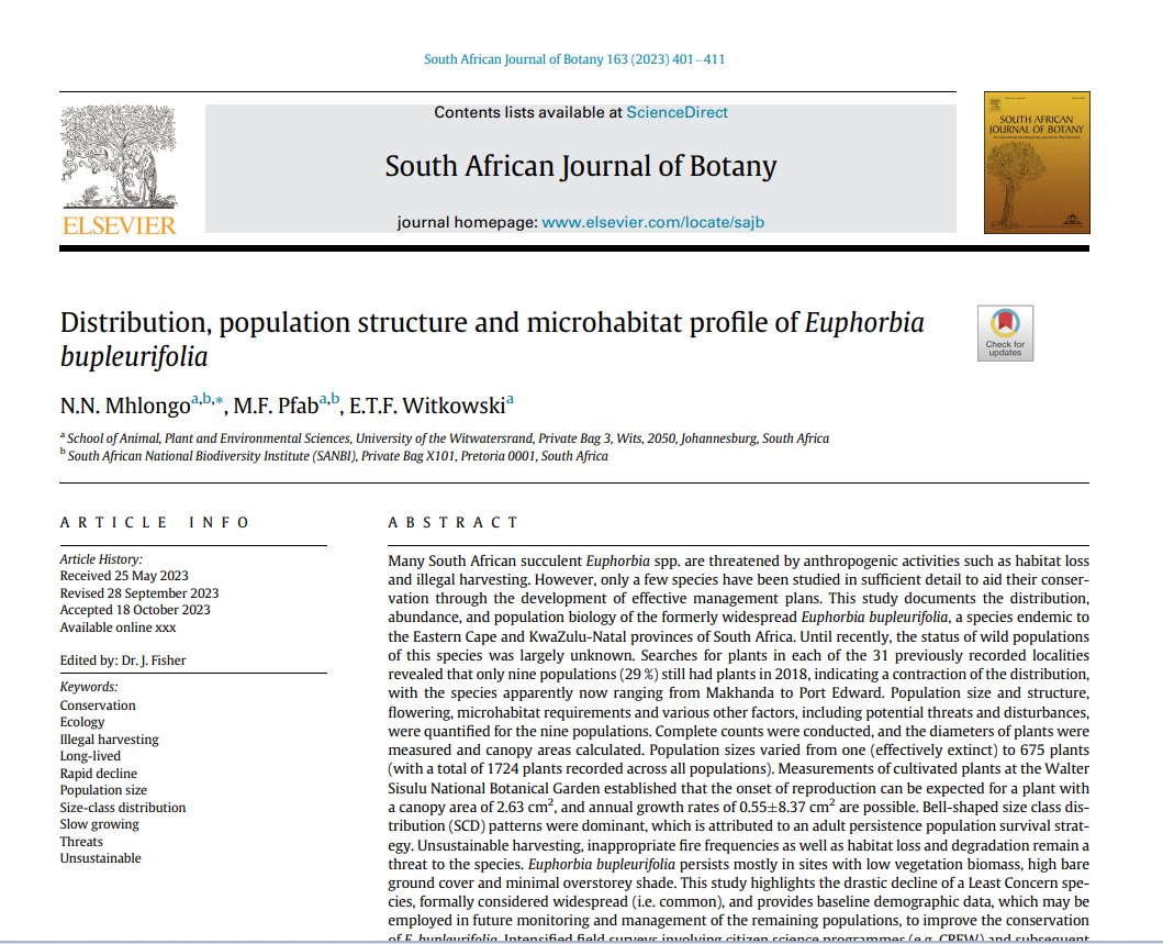 Our research paper was published in @SAJB. The study explored the biology and ecology of Euphorbia bupleurifolia, a dwarf succulent endemic to SA. This work was supported by @sanbi_za through its Scientific Authority bursary.
Access full article here: authors.elsevier.com/a/1i1q5vvMc72Vd
