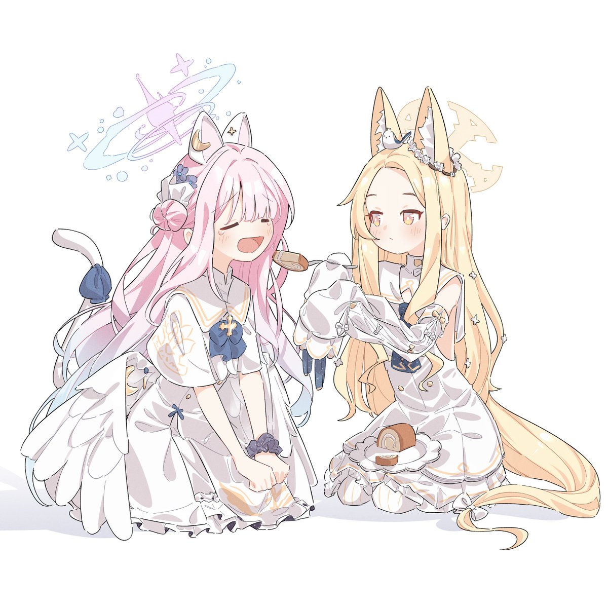 mika (blue archive) ,seia (blue archive) multiple girls 2girls animal ears feeding halo sleeves past fingers pink hair  illustration images