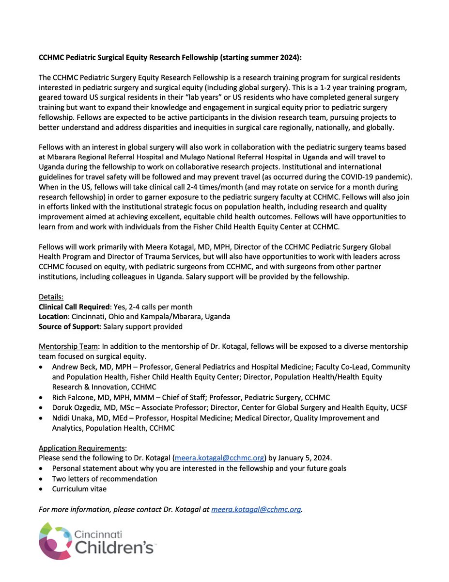 We are recruiting for our next #surgicalequity research fellow @CincyKidsSurg! Come join us! @afbeckmd @NdidiUnaka @falcone_rich @CincyChildrens #healthequity