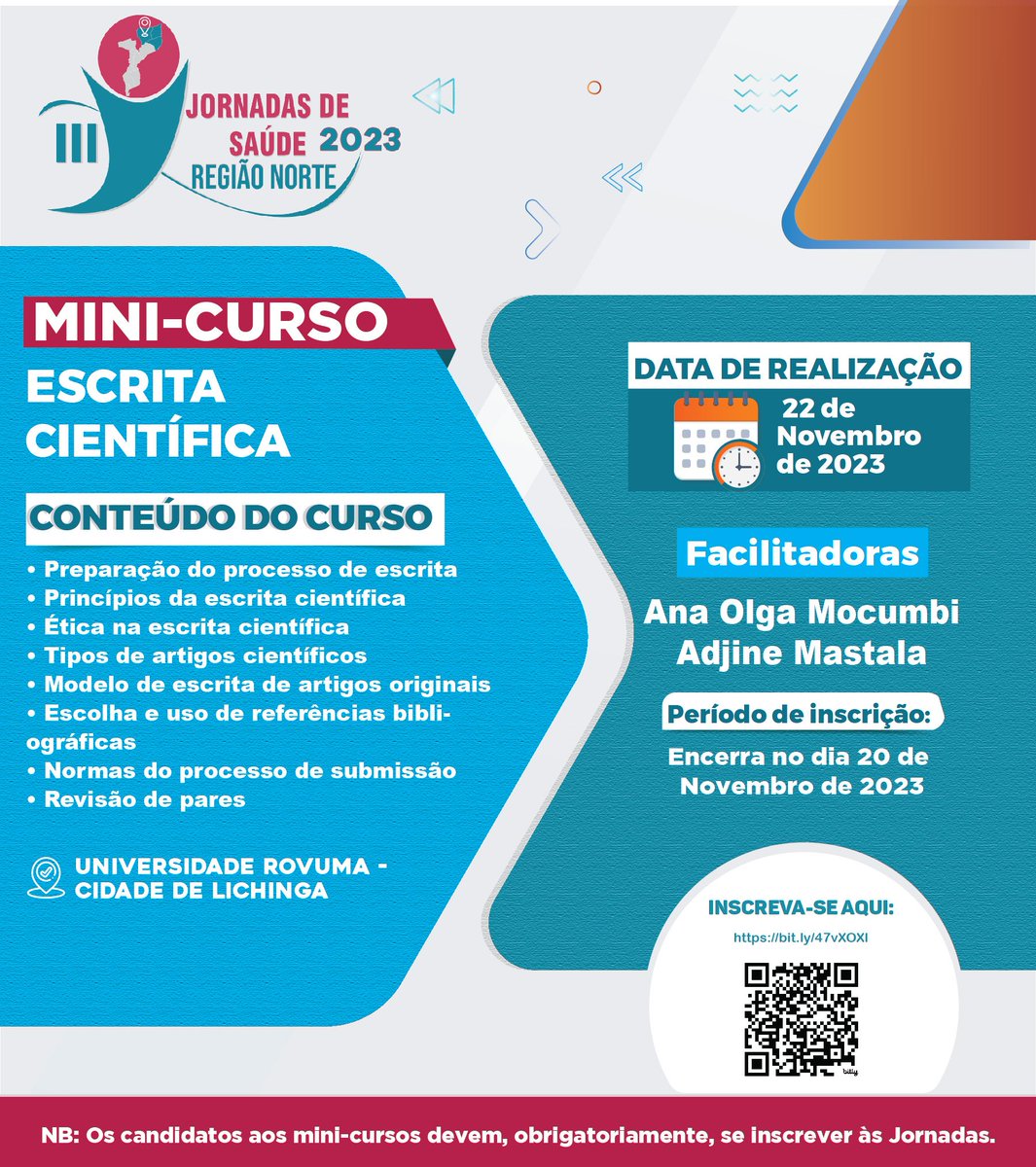 🗓️ 22.11 | ⏰08H00 – 16H00 📝Mini-Curso: Escrita Científica 𝙉𝙤𝙩𝙖: 𝙊𝙨 𝙘𝙖𝙣𝙙𝙞𝙙𝙖𝙩𝙤𝙨 𝙖𝙤𝙨 𝙢𝙞𝙣𝙞-𝙘𝙪𝙧𝙨𝙤𝙨 𝙙𝙚𝙫𝙚𝙢, 𝙤𝙗𝙧𝙞𝙜𝙖𝙩𝙤𝙧𝙞𝙖𝙢𝙚𝙣𝙩𝙚, 𝙚𝙨𝙩𝙖𝙧 𝙞𝙣𝙨𝙘𝙧𝙞𝙩𝙤𝙨 à𝙨 𝙅𝙤𝙧𝙣𝙖𝙙𝙖𝙨. Link de inscrição: bit.ly/47vXOXl