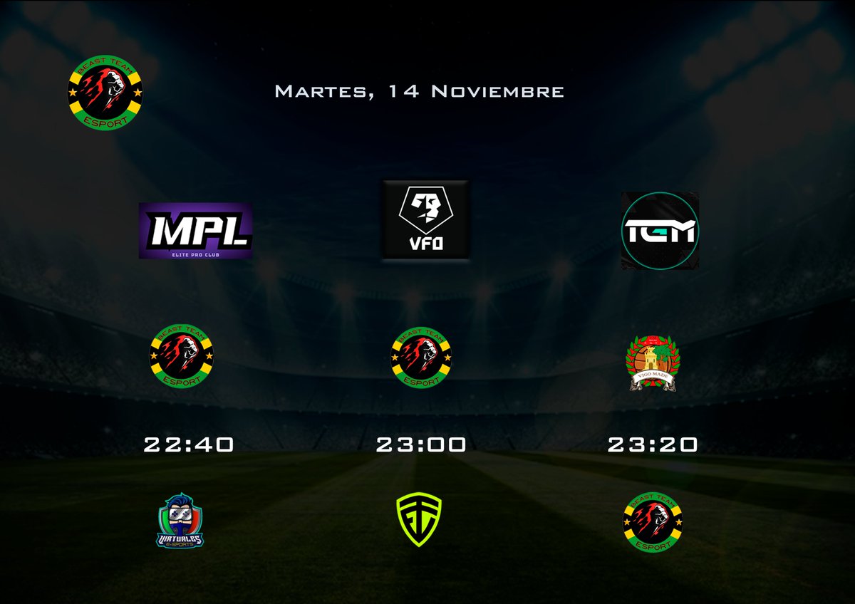 ⚽️Partidos de esta noche : 
@MPL_VSL_EAFC24  Vs  <a href="/Virtuales_eSp/">Virtuales e-Sports ⚽⚡</a> 
<a href="/VFOspain/">VFO España</a>  Vs <a href="/TavulliaFC/">Tavullia FC</a> 
<a href="/LigaTGM/">Liga TGM</a>  Vs <a href="/VigoMadeOficial/">Vigo Made</a>