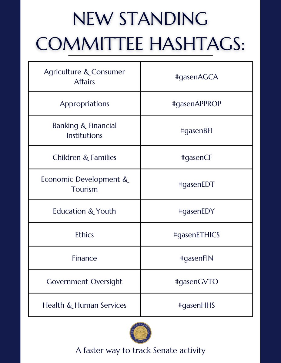 GASenatePress's tweet image. As you prepare for a Special Session under the Gold Dome, be on the lookout for our new Senate Committee hashtags! They are unique to each standing committee and will make them easier to locate on your feed. Stay tuned for more in the coming weeks! #gapol #gasenate