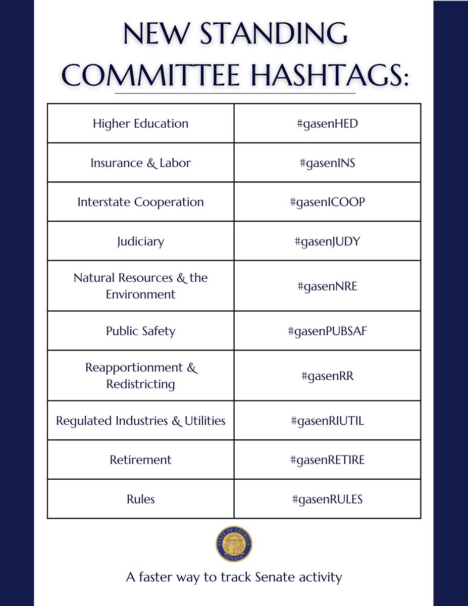 GASenatePress's tweet image. As you prepare for a Special Session under the Gold Dome, be on the lookout for our new Senate Committee hashtags! They are unique to each standing committee and will make them easier to locate on your feed. Stay tuned for more in the coming weeks! #gapol #gasenate