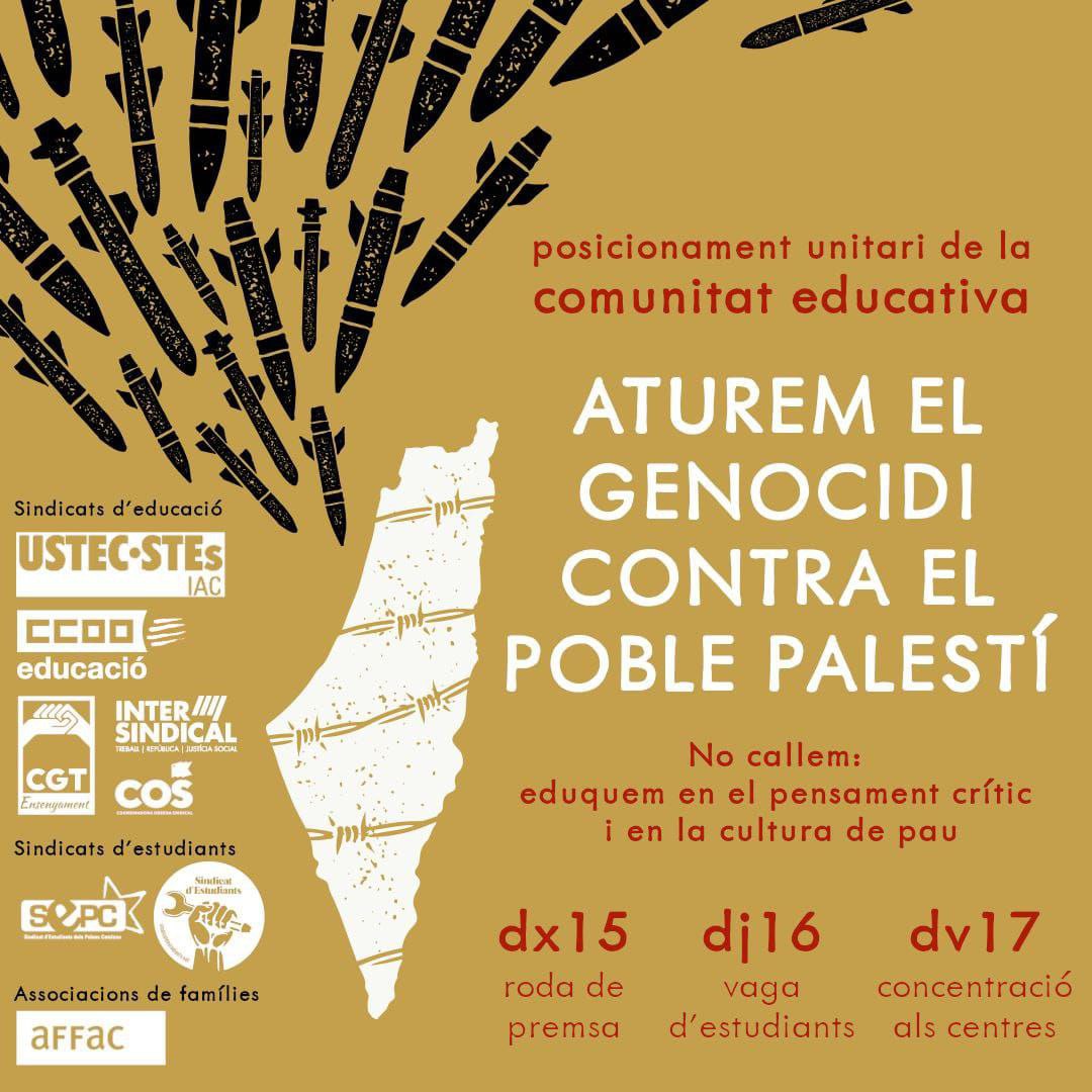CGTEnsenyament's tweet photo. La comunitat educativa de Catalunya amb el poble palestí:
📋 15N: Presentació del manifest unitari en roda de premsa. 
📢 16N: Vaga d'estudiants. 
🏫17N: Concentracions i lectura de manifest a la sortida dels centres educatius.
🇵🇸 No callem, fins que #AturemElGenocidi https://t.co/M5omIj7c8K