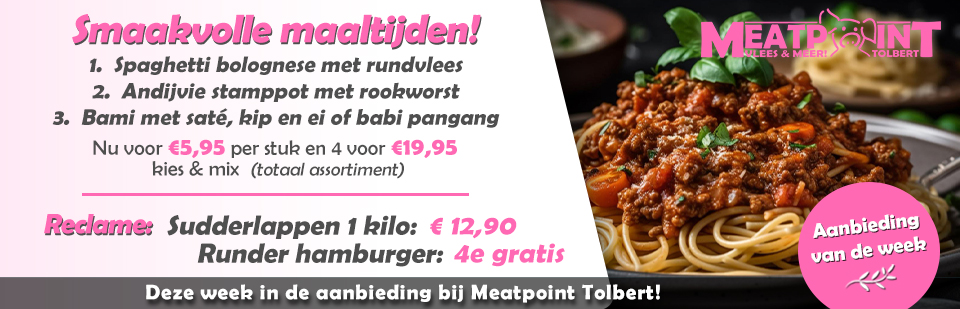 MeatpointNL's tweet image. Weekaanbiedingen:  

Smaakvolle maaltijden! 
1. Spaghetti bolognese met rundvlees
2. Andijvie stamppot met rookworst
3. Bami met saté, kip en ei of babi pangang
Nu €5,95 p/stuk, 4 voor €19,95 - kies &amp;amp; mix

Reclame: 
Sudderlappen 1 kilo €12,90! 
Runderhamburgers 4e gratis!
