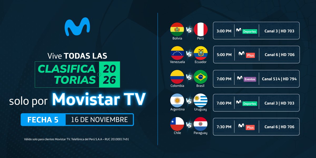 #ConTodo ¡ESTA FECHA ESTÁ QUE QUEMA! 🔥🔥⚽ No te pierdas ni un solo partido por Movistar Tv 📺 y cuéntanos qué países crees que consigan el cupo directo al mundial. ¡Te leemos! 👀 #Clasificatorias #Fútbol #Movistar #MovistarTV #MovistarDeportes #Perú