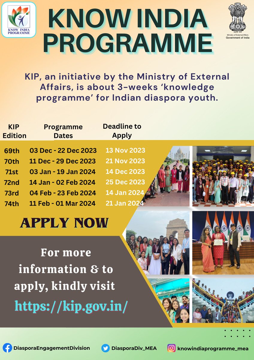 IndiaembFrance's tweet image. Applications are now open for the 69th-74th editions of the #KnowIndiaProgramme (#KIP) for youth of Indian origin.
Unique opportunity to explore incredible India!
🔗Learn more and apply now at kip.gov.in