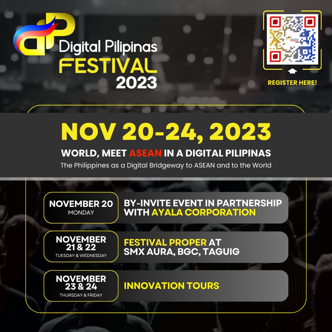 digipilipinas's tweet photo. WORLD, MEET ASEAN IN A DIGITAL PILIPINAS
The Philippines as a Digital Bridgeway to ASEAN and to the World
Mark the dates on your calendars and register here:
https://t.co/F28TV0mh1S…
#DigitalPilipinas #DigitalPilipinasFestival #GeiserMaclang
with - @amormaclang https://t.co/emTYNNWBBN