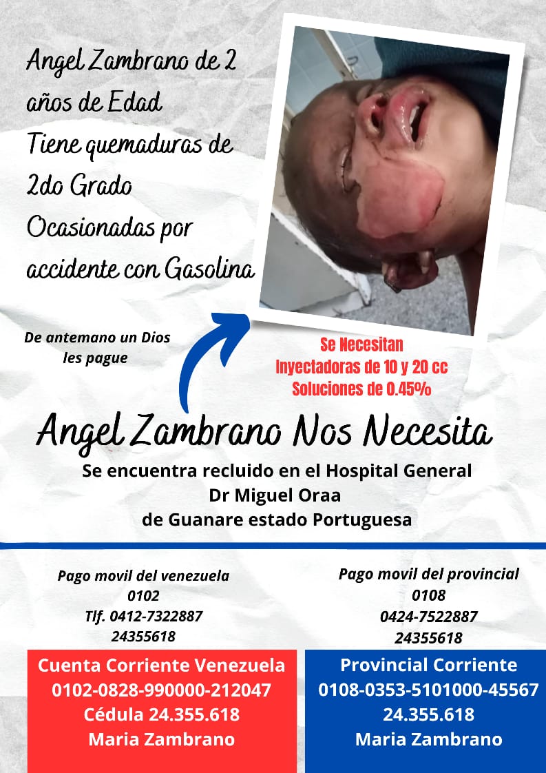 LuisReyes_30's tweet photo. #URGENTE. Angel tuvo quemaduras d 2do grado. Se encuentra grave d salud, está hospitalizado en el Hospital Dr Miguel Oraa de #Guanare. Necesita inyectadoras y soluciones 0.45%. Favor difundir 😢
@MamaLisVzla @AlexaGomezDos @LuisOlavarrieta 
#JusticiaParaOciel
#Caracas
#Islandia https://t.co/cmyYLLZ0K1