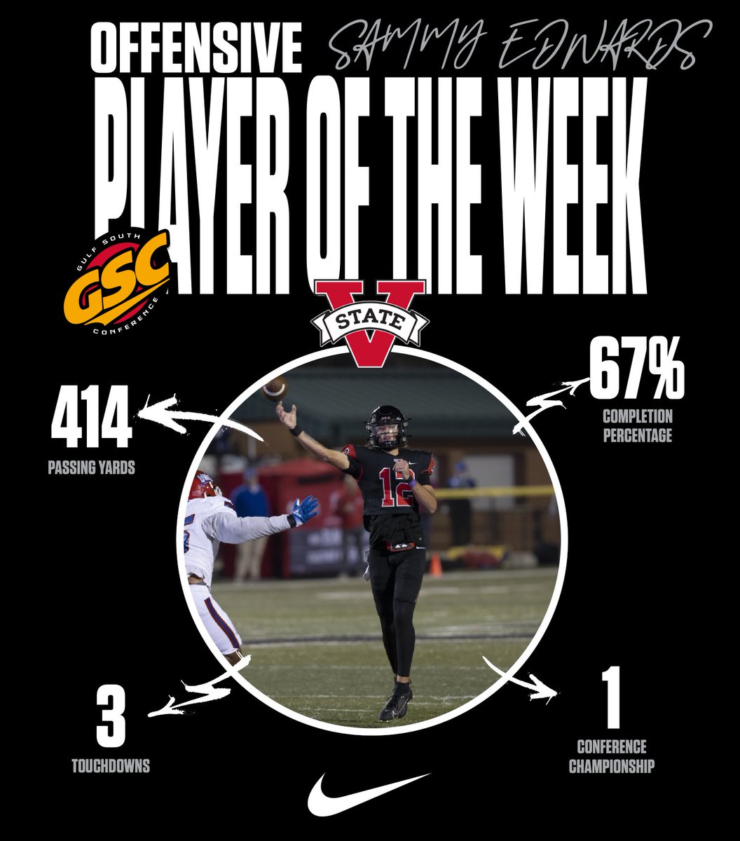 VState_Football's tweet photo. We had 3 Players win GSC Player of the Week awards from our Week 11 Matchup v West Georgia:

Sammy Edwards: Offensive Player of the Week
Estin Thiele: Special Teams Player of the Week
Rodney Bullard: Freshman of the Week

What a great cap off to regular season play! 
#ISO #Finish https://t.co/xqiwvl7RNU