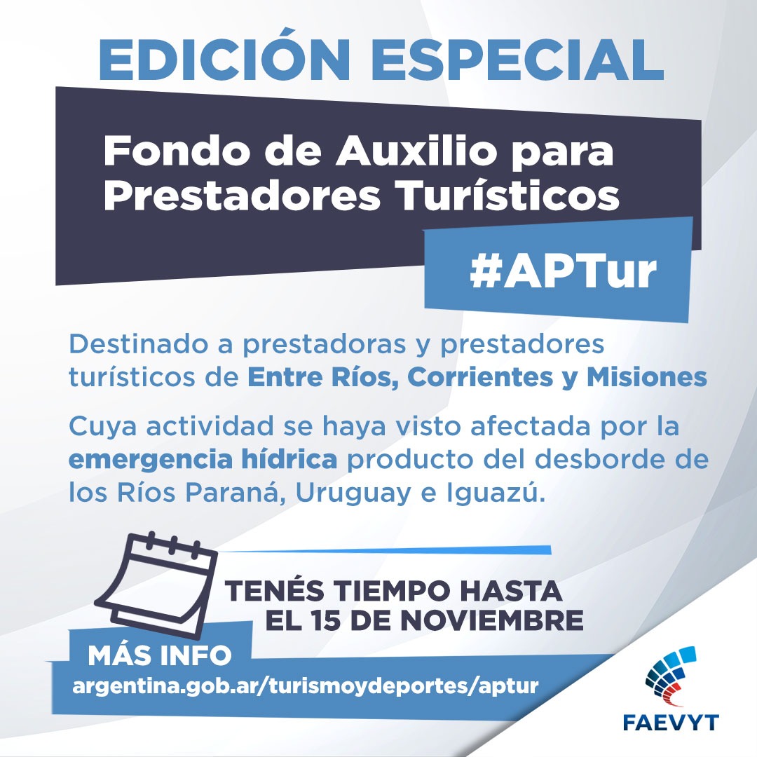 FAEVYT's tweet photo. ➡️ #APtur Edición especial para prestadores turísticos de Entre Ríos, Corrientes y Misiones afectados por la emergencia hídrica de los ríos Paraná, Uruguay e Iguazú

🗓️ La inscripción se extiende hasta el 15 de noviembre en https://t.co/C3lmHDdcv6 https://t.co/0qaGiDHGvu