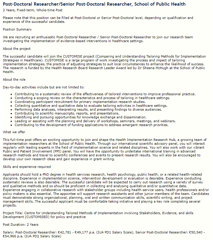 HIRH_Ireland's tweet photo. 📢We’re hiring! Postdoc/Senior Postdoc (2 years, full-time) position available @UCCPublicHealth to work with @SheMcHugh on the @hrbireland funded CUSTOMISE project #impsci. Apply by 12 noon, 1st December.  Please share! More information on how to apply⬇️https://t.co/Y50J7ZZWhW https://t.co/u24owPKpLs