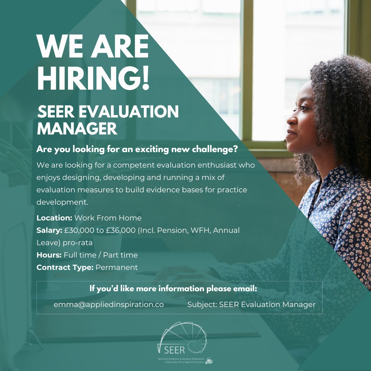 SEER_CHE's tweet photo. #Hiring now!
We have an exciting #opportunity for an enthusiastic person to join the Applied Inspiration team as a SEER #EvaluationManager!
See the full #JobSpec and apply today at https://t.co/X2P0OBoINN
Let us know if you have any questions!
#CareerGrowth #JobSearch #SEER https://t.co/eKbl6IzFKo